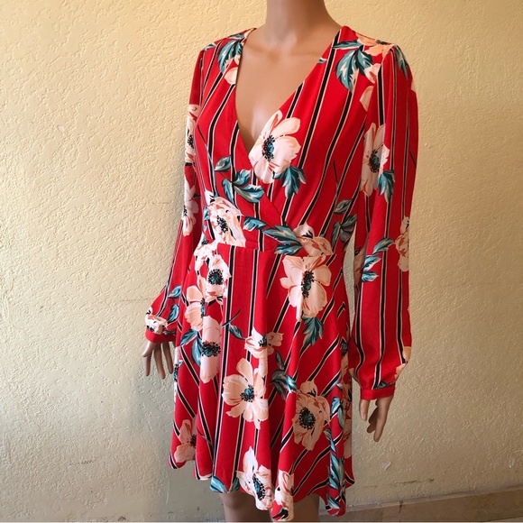 Express Women’s Size M Orange Floral Long Sleeves Knee Dress Deep V-Neck Flare - Picture 4 of 16